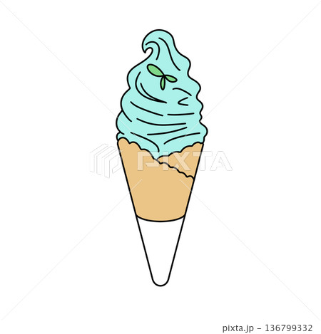 A blue ice cream cone with green leaves on top 136799332