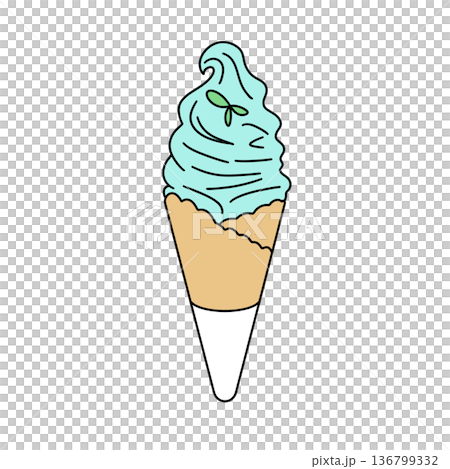 A blue ice cream cone with green leaves on top 136799332