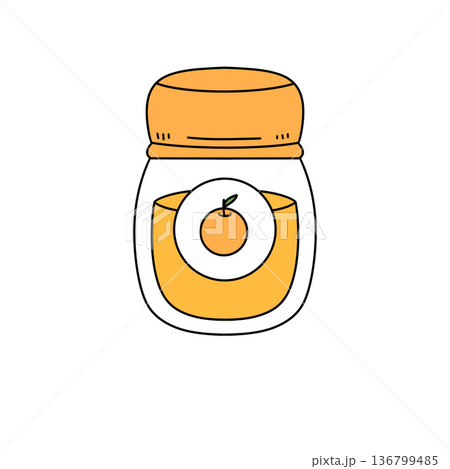 A jar of orange juice with a cartoon orange in the center 136799485