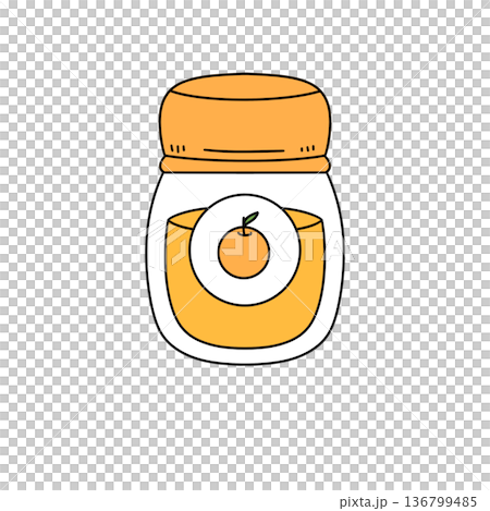 A jar of orange juice with a cartoon orange in the center 136799485