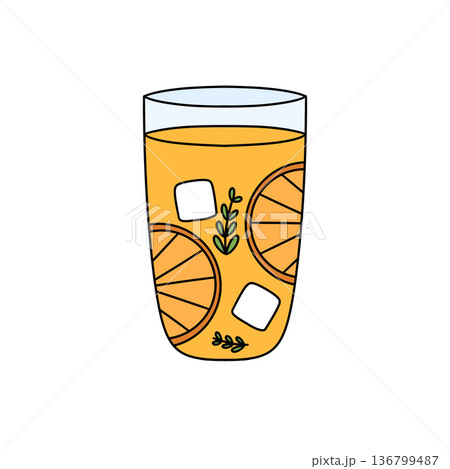 A cartoon drawing of a glass of orange juice with ice cubes and a slice of lemon A cartoon drawing of a glass of orange juice with ice cubes and a slice of lemon 136799487