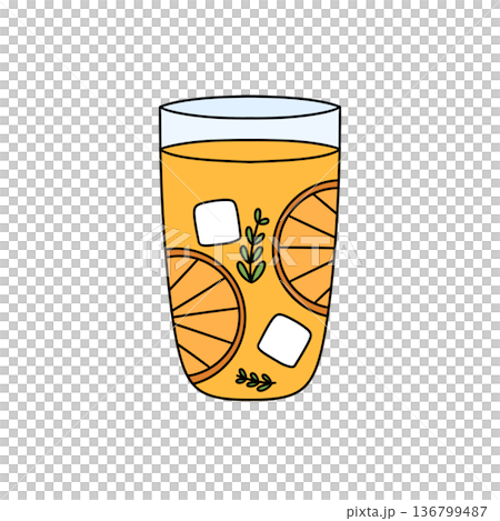 A cartoon drawing of a glass of orange juice with ice cubes and a slice of lemon A cartoon drawing of a glass of orange juice with ice cubes and a slice of lemon 136799487