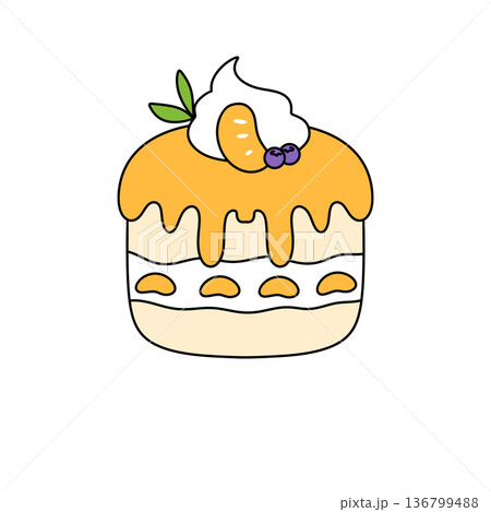 A cartoon drawing of a cake with a white frosting and orange slices on top A cartoon drawing of a cake with a white frosting and orange slices on top 136799488