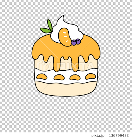 A cartoon drawing of a cake with a white frosting and orange slices on top 136799488