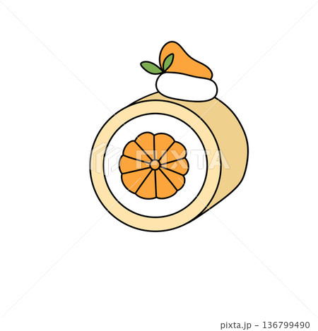 A cartoon drawing of a cake with a slice of orange on top 136799490