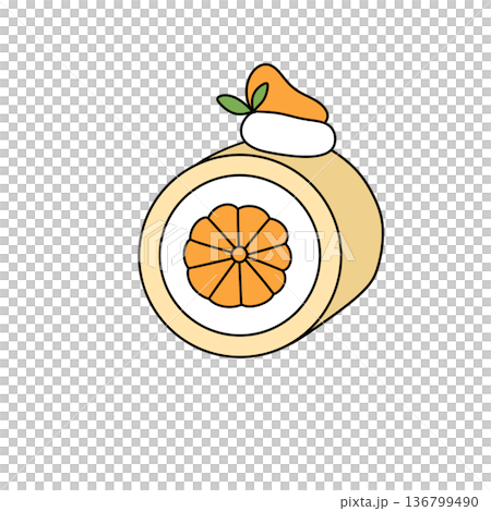 A cartoon drawing of a cake with a slice of orange on top 136799490