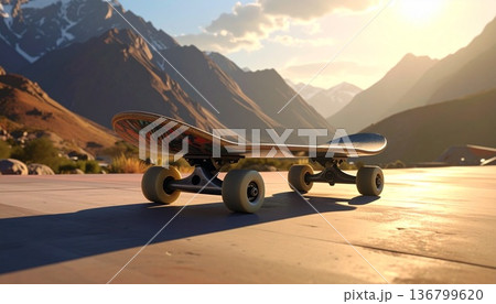 雄大な山々を背景に置かれたスケートボード 136799620