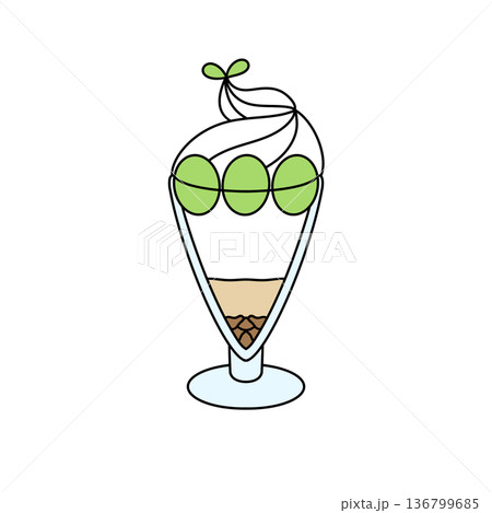 A cartoon drawing of a glass of ice cream with three green olives on top 136799685