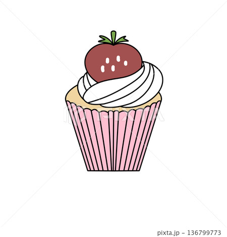 A strawberry frosted cupcake with a white frosting and a strawberry on top A strawberry frosted cupcake with a white frosting and a strawberry on top 136799773