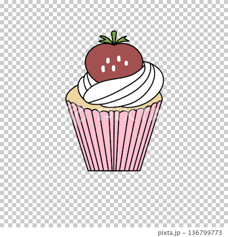 A strawberry frosted cupcake with a white frosting and a strawberry on top A strawberry frosted cupcake with a white frosting and a strawberry on top 136799773