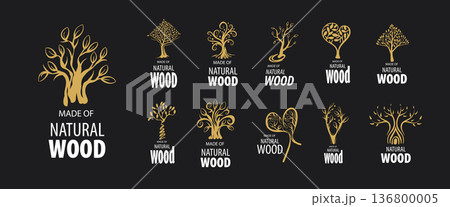 A set of unusual hand-drawn vector logos for the production of wood products A set of unusual hand-drawn vector logos for the production of wood products 136800005