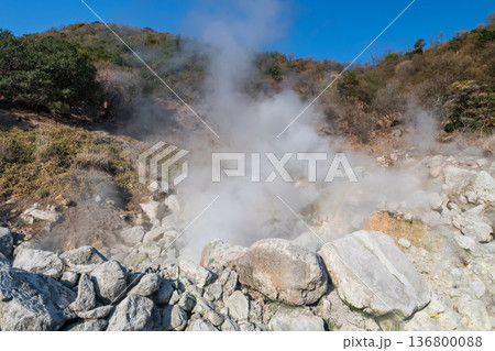 Hell valley Jigoku with heavy smoke of  mt. Unzen, Nagasaki 136800088