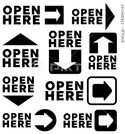 Different open here signs with black arrow icons in various shapes and orientations Different open here signs with black arrow icons in various shapes and orientations 136800143