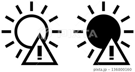 Warning signs with sun icons showing caution for heat or sunlight exposure during the day 136800160