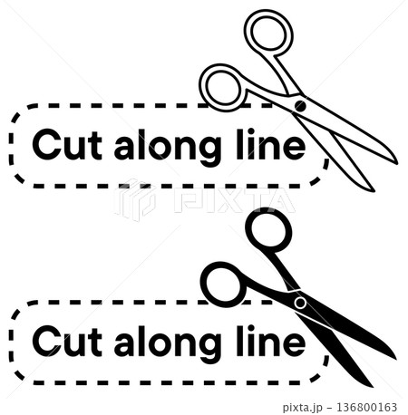 Two scissor icons with dashed borders and cut along line text in clear design on a white background 136800163