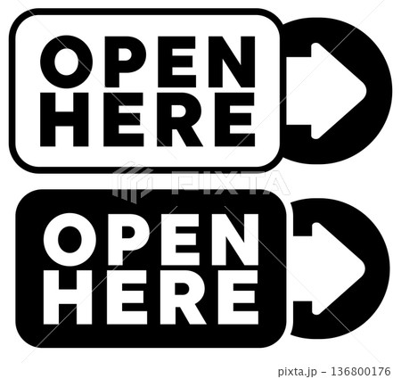 Rectangular labels with instructions and arrows for opening packages or containers Rectangular labels with instructions and arrows for opening packages or containers 136800176