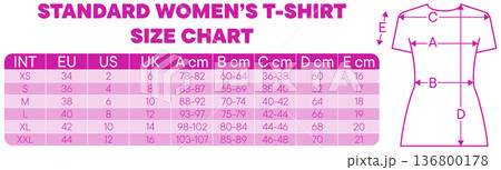 This chart displays standard women's t shirt sizes with measurements in centimeters and inches This chart displays standard women's t shirt sizes with measurements in centimeters and inches 136800178