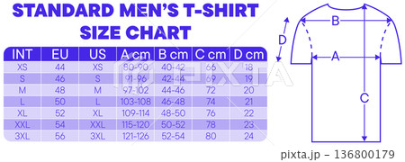 Standard men's t shirt size chart with measurements and diagram shown in blue color Standard men's t shirt size chart with measurements and diagram shown in blue color 136800179