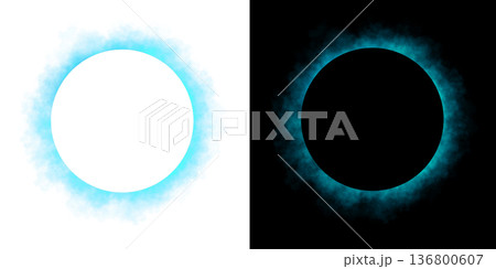Realistic circular blue smoke frame with soft edges and transparent texture isolated on white and black backgrounds for design use 136800607