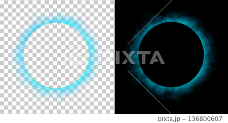 Realistic circular blue smoke frame with soft edges and transparent texture isolated on white and black backgrounds for design use 136800607