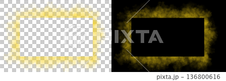 Realistic square yellow smoke frame with soft edges and transparent texture shown on white and black backgrounds for design use Realistic square yellow smoke frame with soft edges and transparent texture shown on white and black backgrounds for design use 136800616
