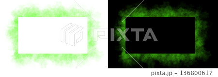 Realistic square green smoke frame with soft edges and transparent texture shown on white and black backgrounds for design use 136800617