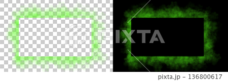 Realistic square green smoke frame with soft edges and transparent texture shown on white and black backgrounds for design use 136800617