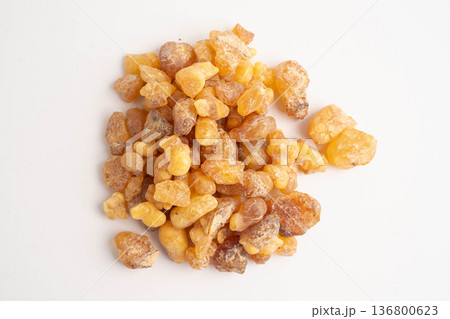 Frankincense or olibanum aromatic resin isolated on white background used in incense and perfumes. 136800623