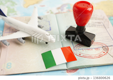 Italy flag and passport with airplane for travel. 136800626