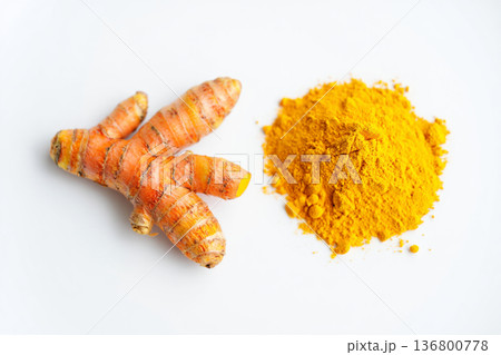 turmeric powder on white background turmeric powder on white background 136800778