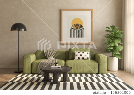 Mid century style conceptual dopamine interior room 3d illustration Mid century style conceptual dopamine interior room 3d illustration 136801000