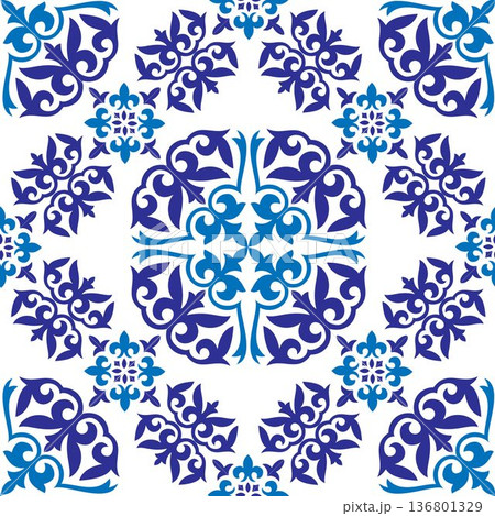 Portuguese azulejo ceramic tile pattern. Talavera pattern. Turkish ornament. Moroccan tile mosaic. Spanish porcelain. Spanish pottery. Mediterranean seamless  wallpaper. Vector seamless background. 136801329