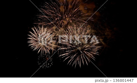 symmetric fireworks display, nighttime celebration with blooming bursts, elegant spherical explosions brighten dark park sky, community gathers as chrysanthemums burst in harmonious symmetry 136801447