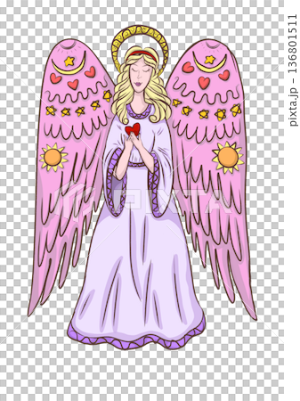 Illustration of a beautiful angel with pink wings and a heart in her hand. Illustration of a beautiful angel with pink wings and a heart in her hand. 136801511