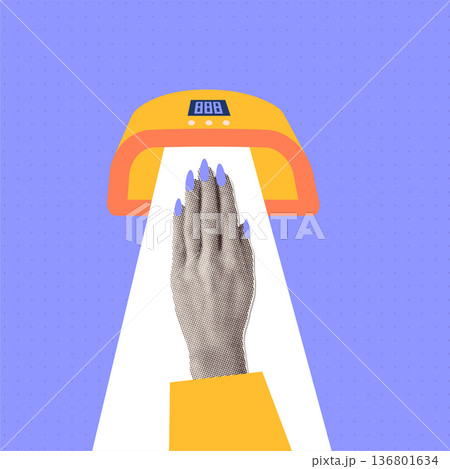 Stylish nail care realistic halftone hand and nails inside LED manicure lamp. Modern mixed-media artwork perfect for beauty tutorials, salon price lists, social posts and promo banners. Stylish nail care realistic halftone hand and nails inside LED manicure lamp. Modern mixed-media artwork perfect for beauty tutorials, salon price lists, social posts and promo banners. 136801634