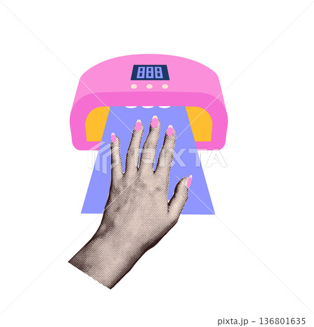 Retro halftone collage of female hand with pink manicure under UV nail lamp. Bright pop art vector illustration for beauty salon branding, nail bar posters, social media or cosmetics advertising. Retro halftone collage of female hand with pink manicure under UV nail lamp. Bright pop art vector illustration for beauty salon branding, nail bar posters, social media or cosmetics advertising. 136801635