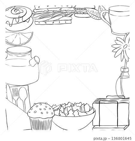 cafe food coffee tea Frame template square Black white Cafe hand drawn illustration. Vector graphic line ink art. Silhouette sign for logo, print, comics, fashion, pop art, boards, decoration, posters cafe food coffee tea Frame template square Black white Cafe hand drawn illustration. Vector graphic line ink art. Silhouette sign for logo, print, comics, fashion, pop art, boards, decoration, posters 136801645