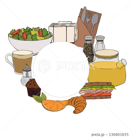 Fast food circular Frame template circle Cafe hand drawn illustration. Vector graphic line ink art. background for banners, print for fabric, labels, t-shirt printing. Fast food circular Frame template circle Cafe hand drawn illustration. Vector graphic line ink art. background for banners, print for fabric, labels, t-shirt printing. 136801655