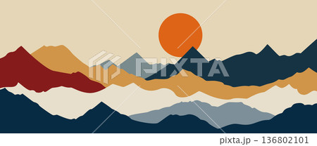 Modern abstract mountain landscape vector illustration set with geometric shapes sun and line art patterns for minimal wall art and cover design 136802101