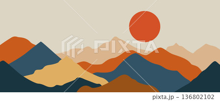 Abstract geometric mountain landscape vector set with zigzag lines dot patterns and sunrise shapes for modern Nordic wall art and minimalist background Abstract geometric mountain landscape vector set with zigzag lines dot patterns and sunrise shapes for modern Nordic wall art and minimalist background 136802102