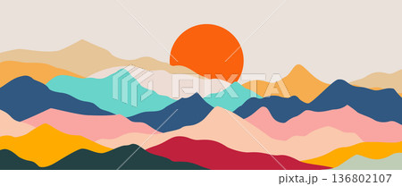 Intricate abstract mountain landscape vector with diverse geometric patterns and sun for premium Boho wall art and luxury minimalist packaging design Intricate abstract mountain landscape vector with diverse geometric patterns and sun for premium Boho wall art and luxury minimalist packaging design 136802107