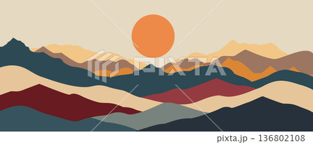Minimalist abstract mountain landscape vector with flying birds and geometric sun for inspirational wall art and nature travel background design 136802108