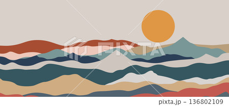 Minimalist abstract mountain landscape vector with stars and geometric sun for celestial wall art and inspirational success background design Minimalist abstract mountain landscape vector with stars and geometric sun for celestial wall art and inspirational success background design 136802109