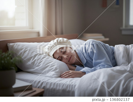 自宅のベッドで安らかに眠る女性|快眠と健康的なライフスタイルのイメージ 自宅のベッドで安らかに眠る女性|快眠と健康的なライフスタイルのイメージ 136802137