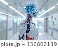 未来医療と人工知能のコンセプト｜病院を歩くヒューマノイドロボットと発光する人工脳 136802139