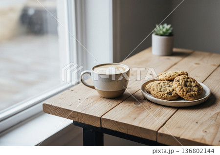 木製テーブルに置かれたカフェラテとクッキー｜窓辺のおうちカフェタイム 136802144