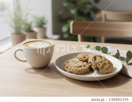 木製テーブルに置かれたカフェラテとクッキー|窓辺のおうちカフェタイム 木製テーブルに置かれたカフェラテとクッキー|窓辺のおうちカフェタイム 136802145