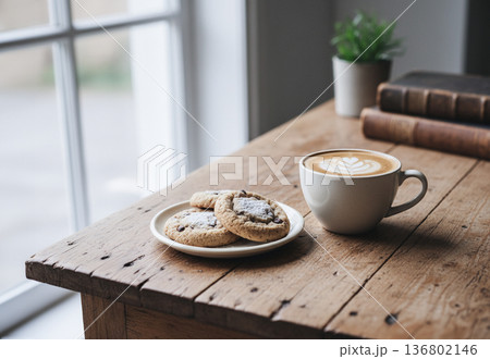 木製テーブルに置かれたカフェラテとクッキー｜窓辺のおうちカフェタイム 136802146
