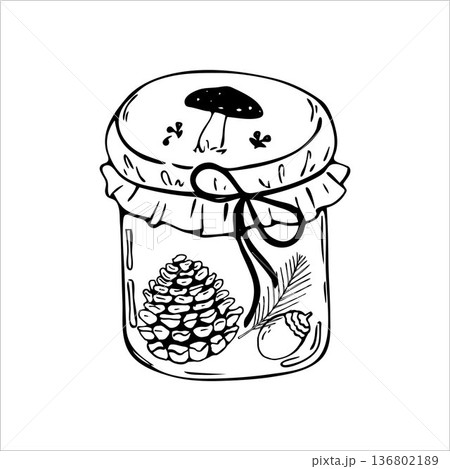 Whimsical glass jar with forest gifts  136802189