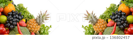 Vibrant Panorama of Fresh Fruits and Vegetables on White Background 136802457